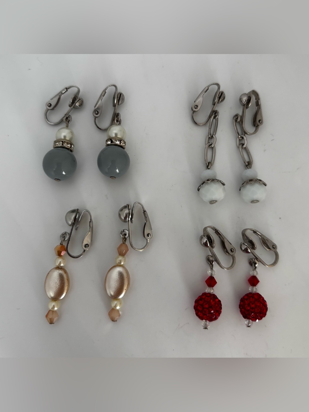 Lot of Assorted Women's Clip-On Earrings Set - Red, Gray, White, Pearl, Beige